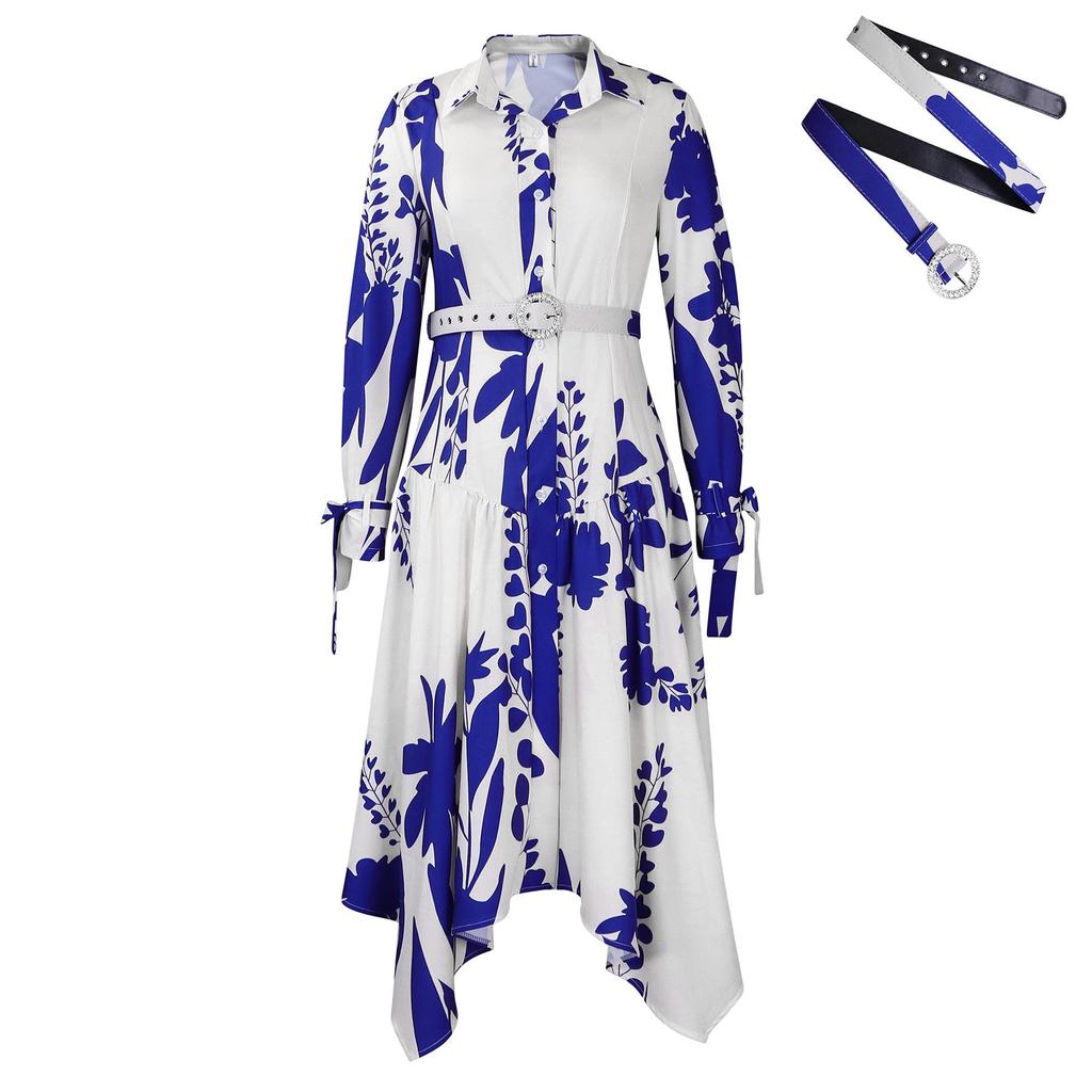 European and American Plus Size Women's Irregular Lapel Dress with Temperament Print