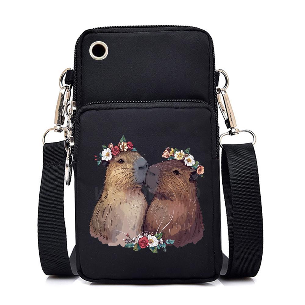 Multifunctional vertical black shoulder bag printed cartoon casual men's and women's portable mobile phone bag messenger bag