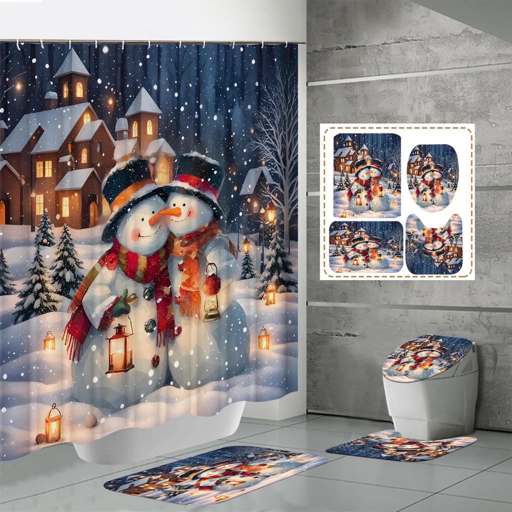 4PCS  Shower Curtain Sets With Shower Curtain And Rugs Toilet Lid Rug U Shape Mat And Bath Mat Bathroom Set  With 12 Hooks