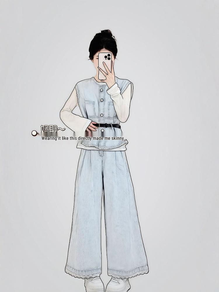 Spring Plus Size Layered Vest & Wide-Leg Jeans Fashionable Three-Piece Set