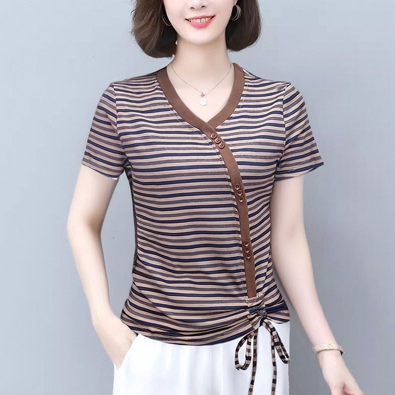 Striped V-neck T-shirt Korean Summer Style Slanted Button Irregular Hem Fashionable Shirt Slim Drawstring Top for Women