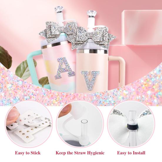 5Pcs Rhinestone Straw Cover Set for Water Bottles Silicone Boot Sticker Letter Charms