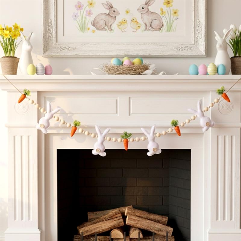Safe User Friendly Materials Easter Rabbit Hanging Garlands with Wood Beads Nonwoven Fabric for Family and Pet Safe Space