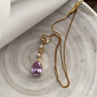 Multi-Faceted Cut Natural Pearl Collarbone Chain Romantic Limited Purple Super Flash Zircon Love French Light Luxury Necklace Women