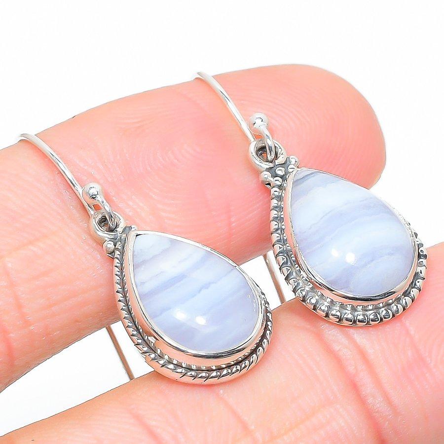 Natural Blue Lace Agate Gemstone 925 Solid Sterling Silver Earring 1.25" S2b00
