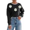 ContrastSplicing Casual Pullover Loose Sweater Three-dimensional Flower Embroidery Beading Women's Top