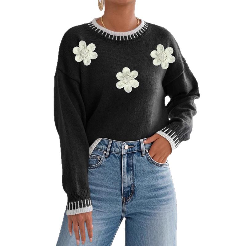 ContrastSplicing Casual Pullover Loose Sweater Three-dimensional Flower Embroidery Beading Women's Top