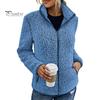 Winter Jacket Stand Collar Long Sleeves Pockets Zipper Closure Fluffy Coat Cardigan Women Autumn Solid Color Plush Streetwear