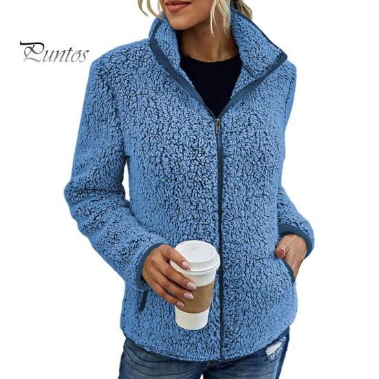 Winter Jacket Stand Collar Long Sleeves Pockets Zipper Closure Fluffy Coat Cardigan Women Autumn Solid Color Plush Streetwear