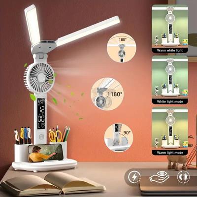 Foldable LED Desk Lamp Double Table Lamp Adjustable Angle Lamp With Fan Temperature Time Date Bedroom Light Eye Protection Lamp