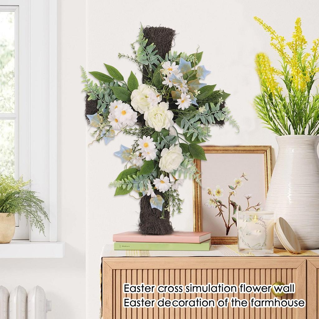 Easter Cross Simulation Flower Wall Hanging Wreath, Artificial Flower Decoration, Easter Farmhouse Front Door Decorations