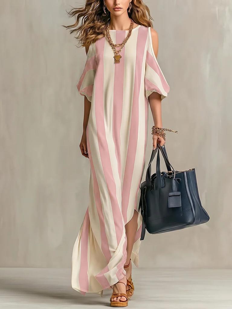European and American Striped Off-the-shoulder Long Dress Loose Shoulder-down Split-end Drape Vacation Casual Blouse Long Dress Women's Clothing