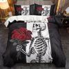 3 Piece Set Skeleton Holding Rose In Hand Valentine's Day Quilt Set,Including 1 Duvet Cover and 2 Pillowcases(excluding Padding)