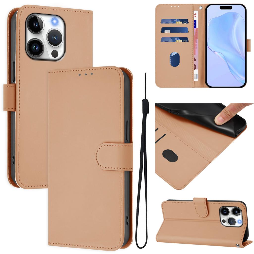 For iPhone 16 Pro Case Solid Color Wallet Leather Phone Cover with Strap