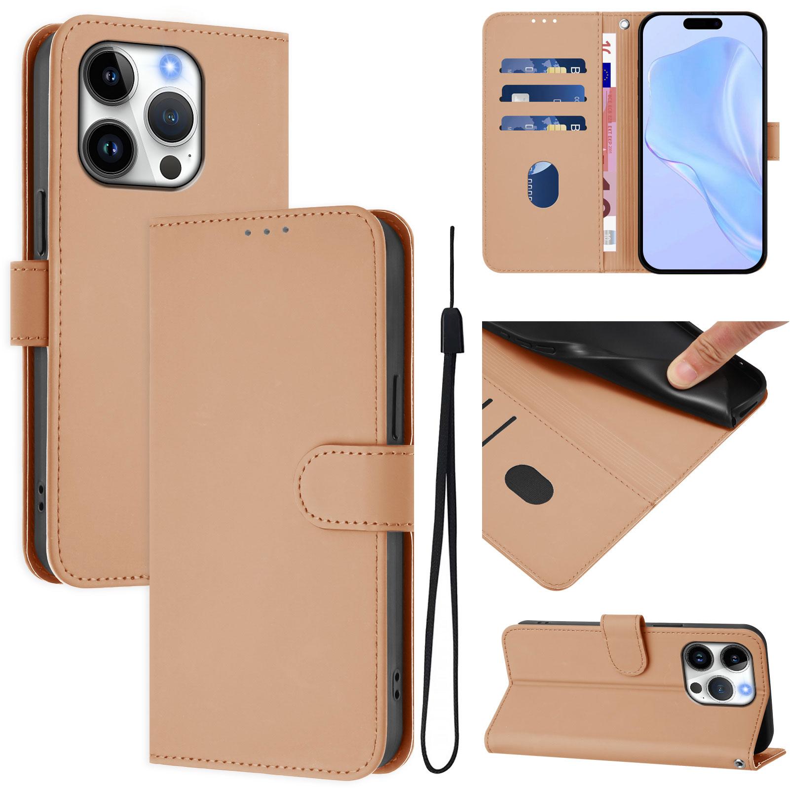

For iPhone 16 Pro Case Solid Color Wallet Leather Phone Cover with Strap Nude