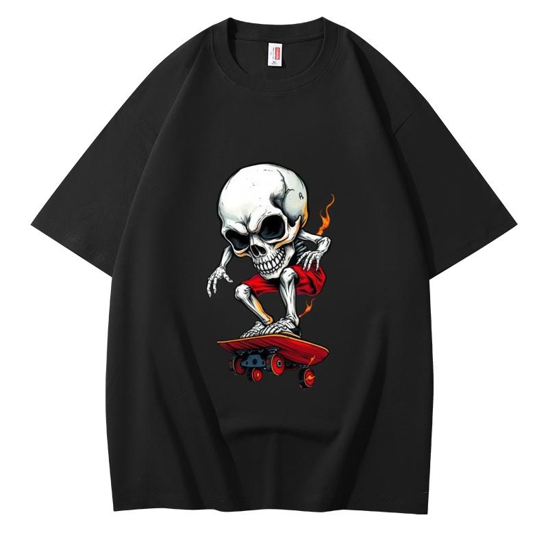 Unisex Casual Cotton Short Sleeve T Shirt Skull Skateboard Gothic Graphic Print Tee