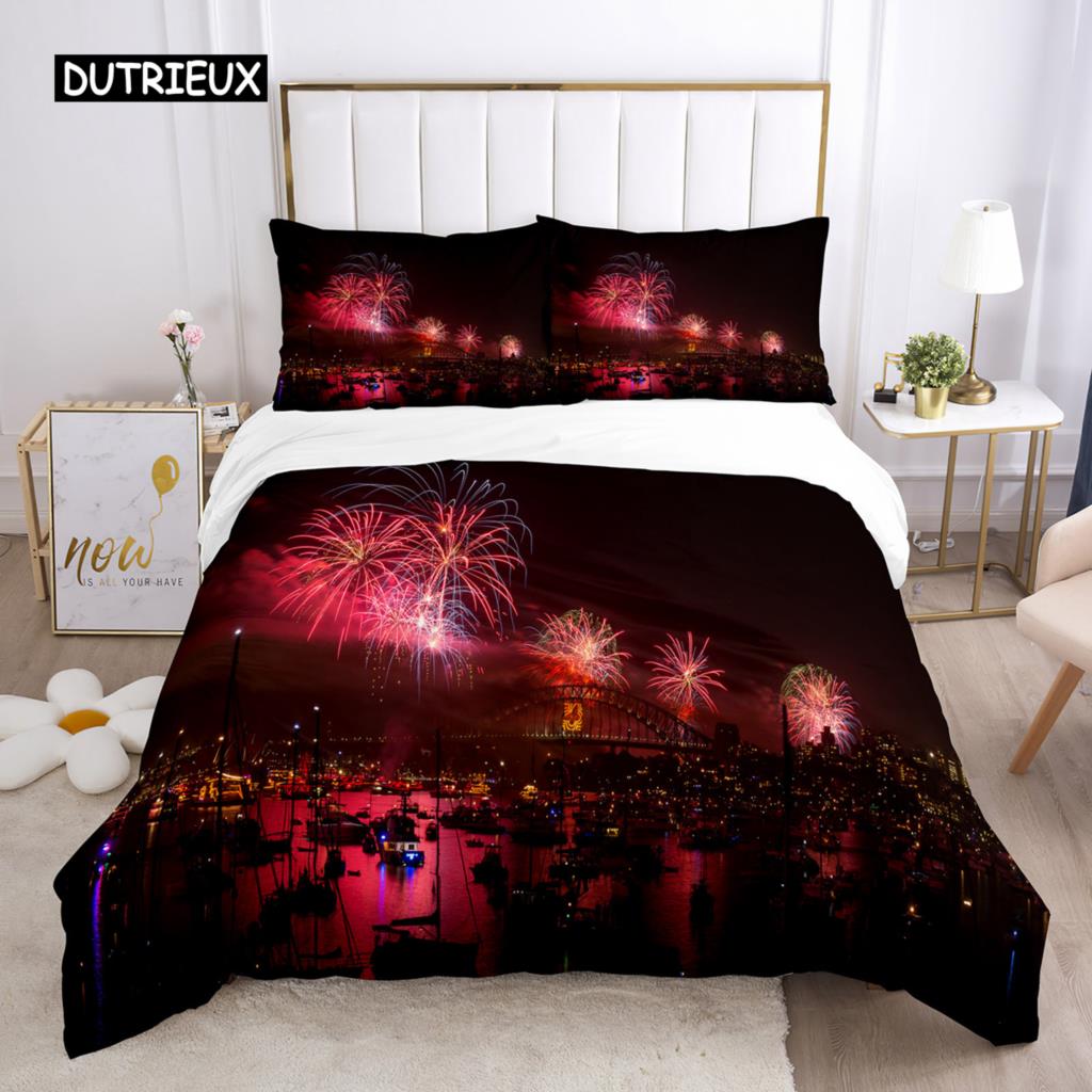 Firework Duvet Cover Set Queen Size Colourful Fires Bedding Set Microfiber Celebrate Merry Christmas Theme Soft Comforter Cover