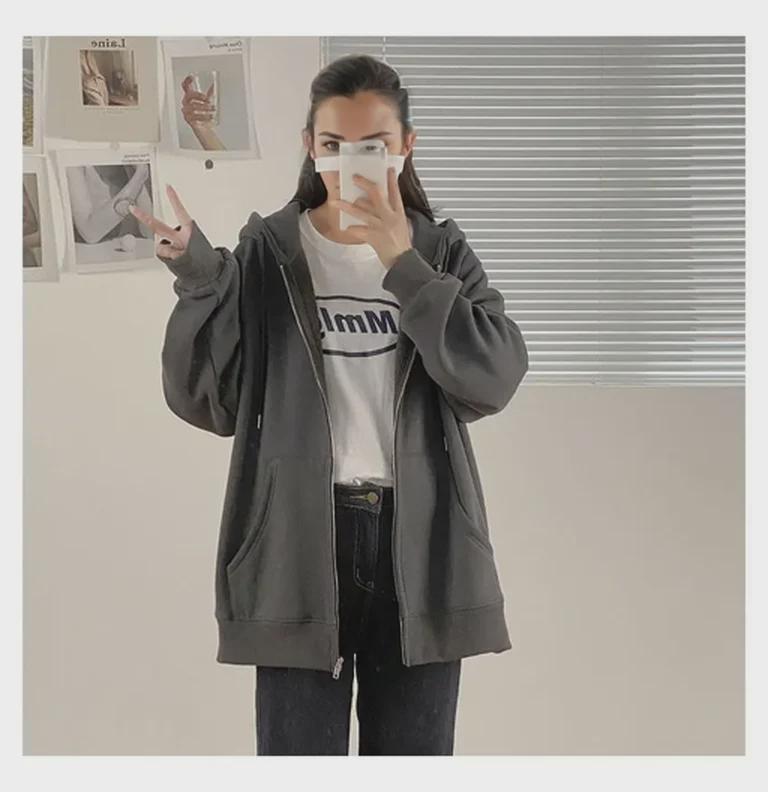 Women’s Loose Fit Hooded Cardigan - Early Autumn Zipper Sweater, Trendy Korean Style for Students.