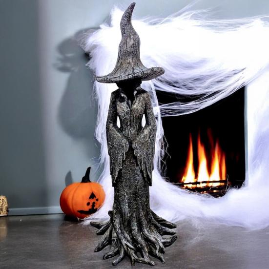 Standing Witch Statue Gothic Witch Figurine Collectible Halloween Retro Witch Sculpture for Mantel Porch Entrance Decoration