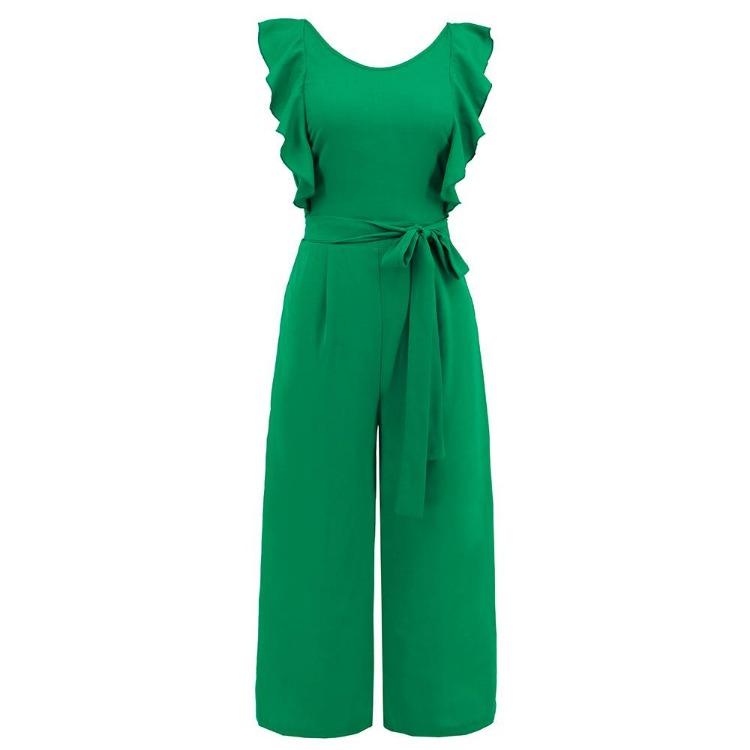 Summer Women Lace Up Ruffle Sleeveless Jumpsuit Solid Color Straight Trousers Fashion Trendy Outfit