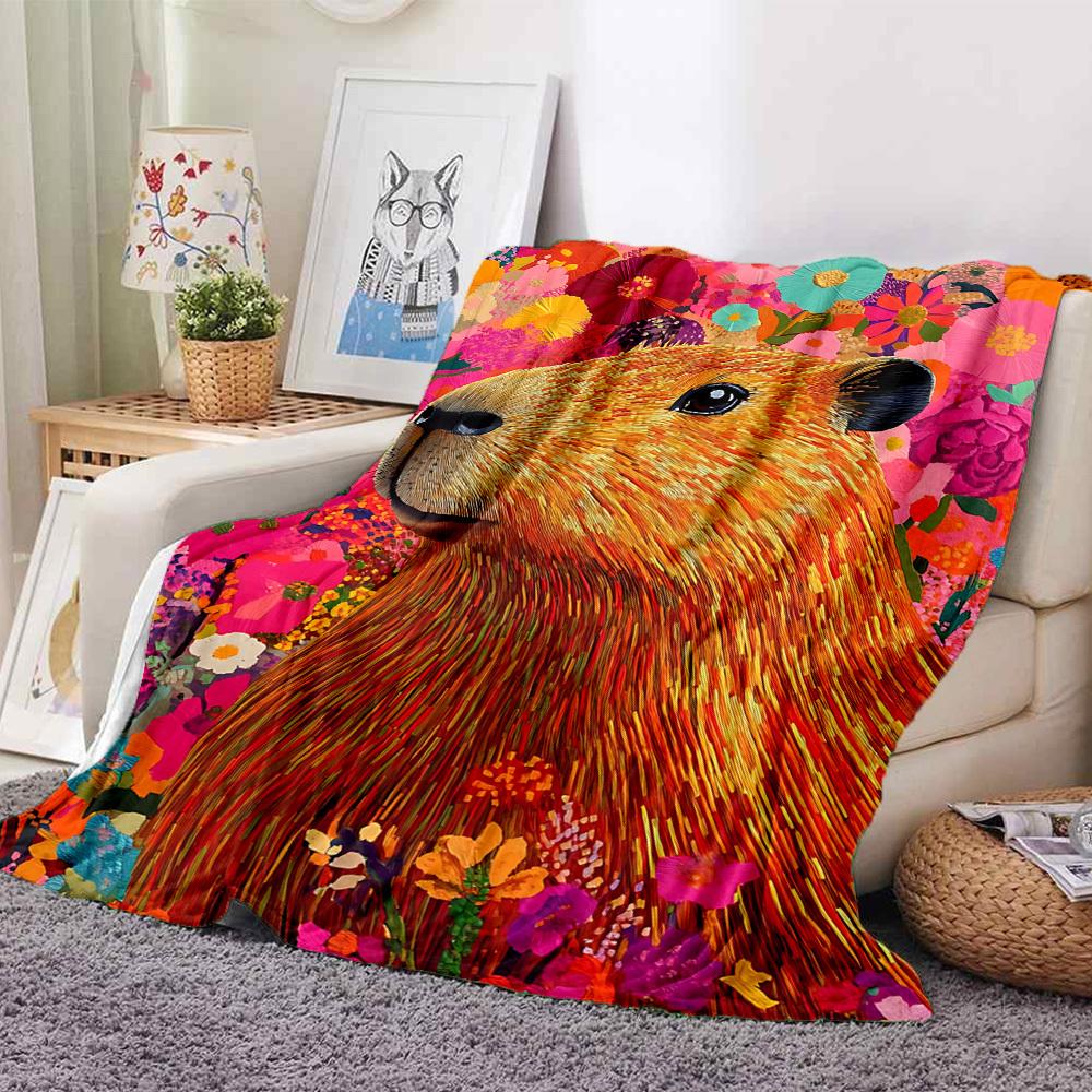 1pc Capybara, Floral Print Soft & Warm Polyester Knit Blanket, Digital Printed, All-Season Throw for Napping, Traveling, Sofa yy250906026