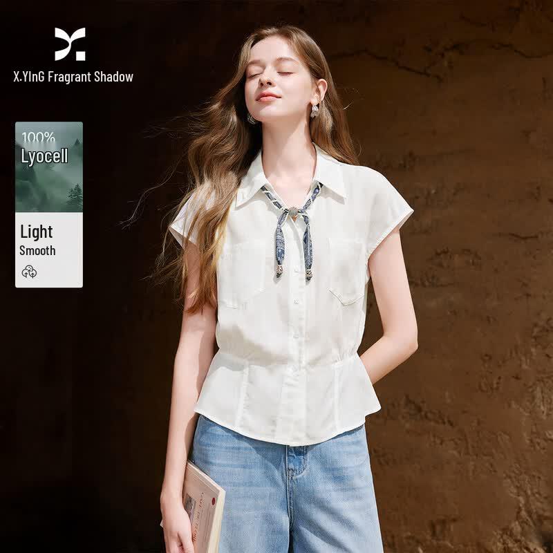 Women s French Style Lyocell Short-Sleeve White Blouse with Scarf Tie S