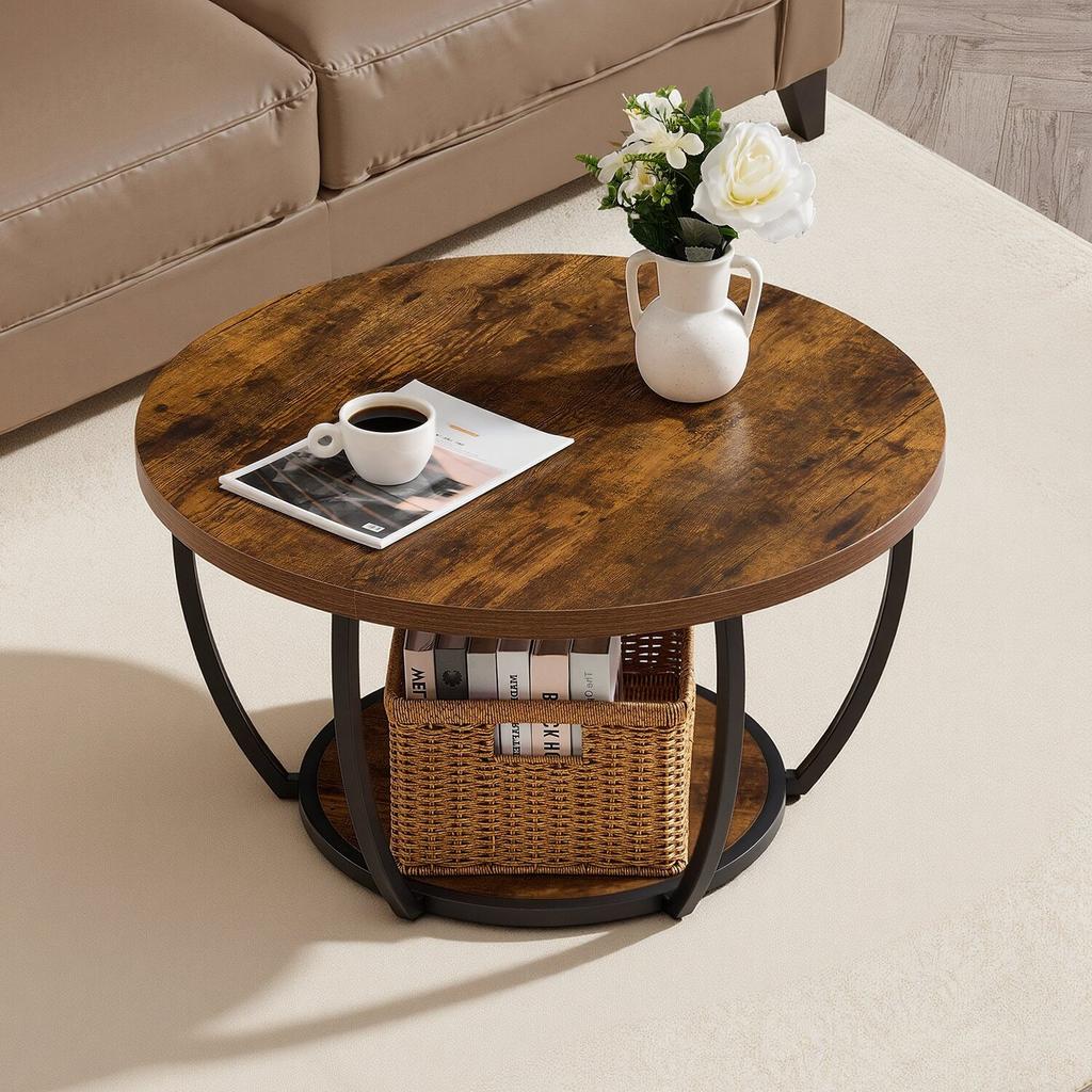 Coffee Table, Modern Round Coffee Table, 2 Tiers Wooden Circle Center Desk with Open Storage, Minimalist Sturdy Metal Frame Accent End Desk for Living