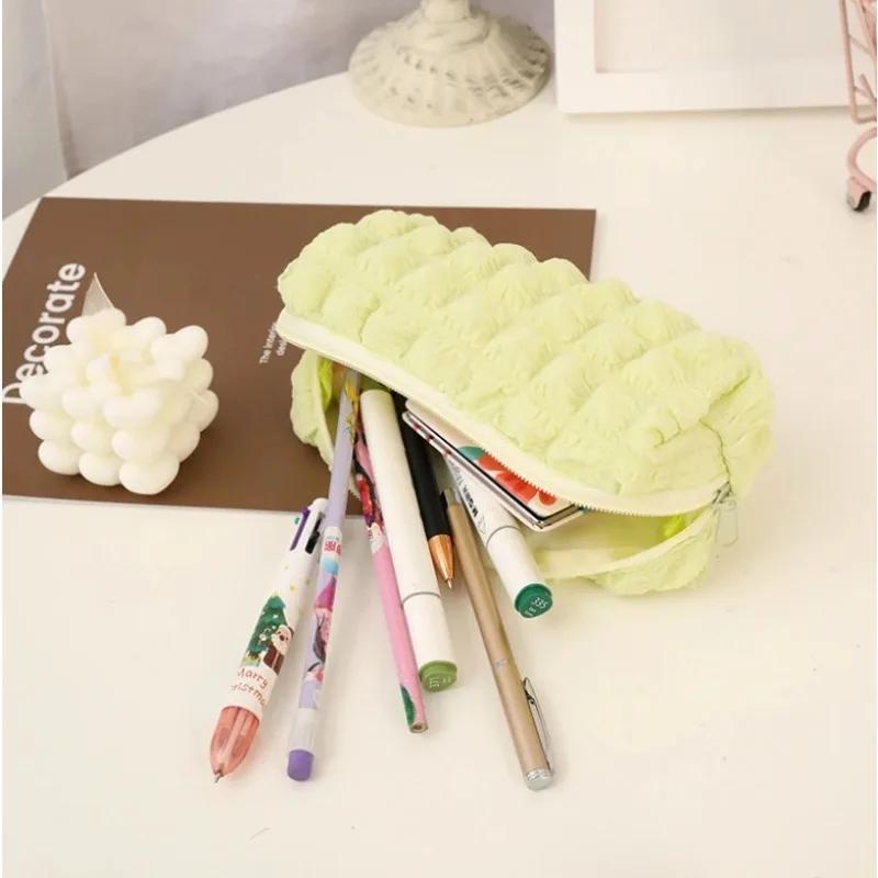 Cream Puff Pen Case Large Capacity Soft Solid Color Stationery Bag Pencil Case Fashionable and Simple Zipper Storage Clutch Bag