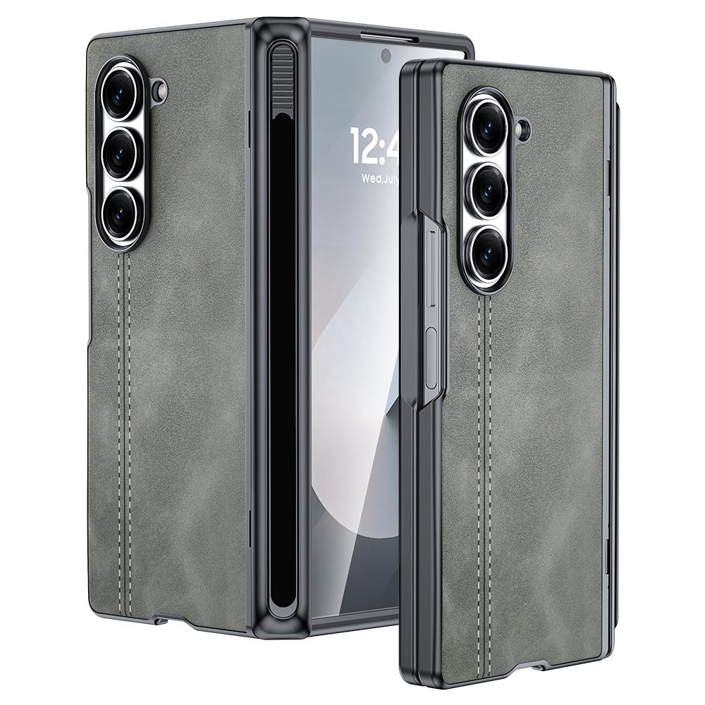 For Samsung Galaxy Z Fold 6 Phone Case With S Pen Holder, Hinge Protector and Screen Protector PU Leather Matte PC-Brown
