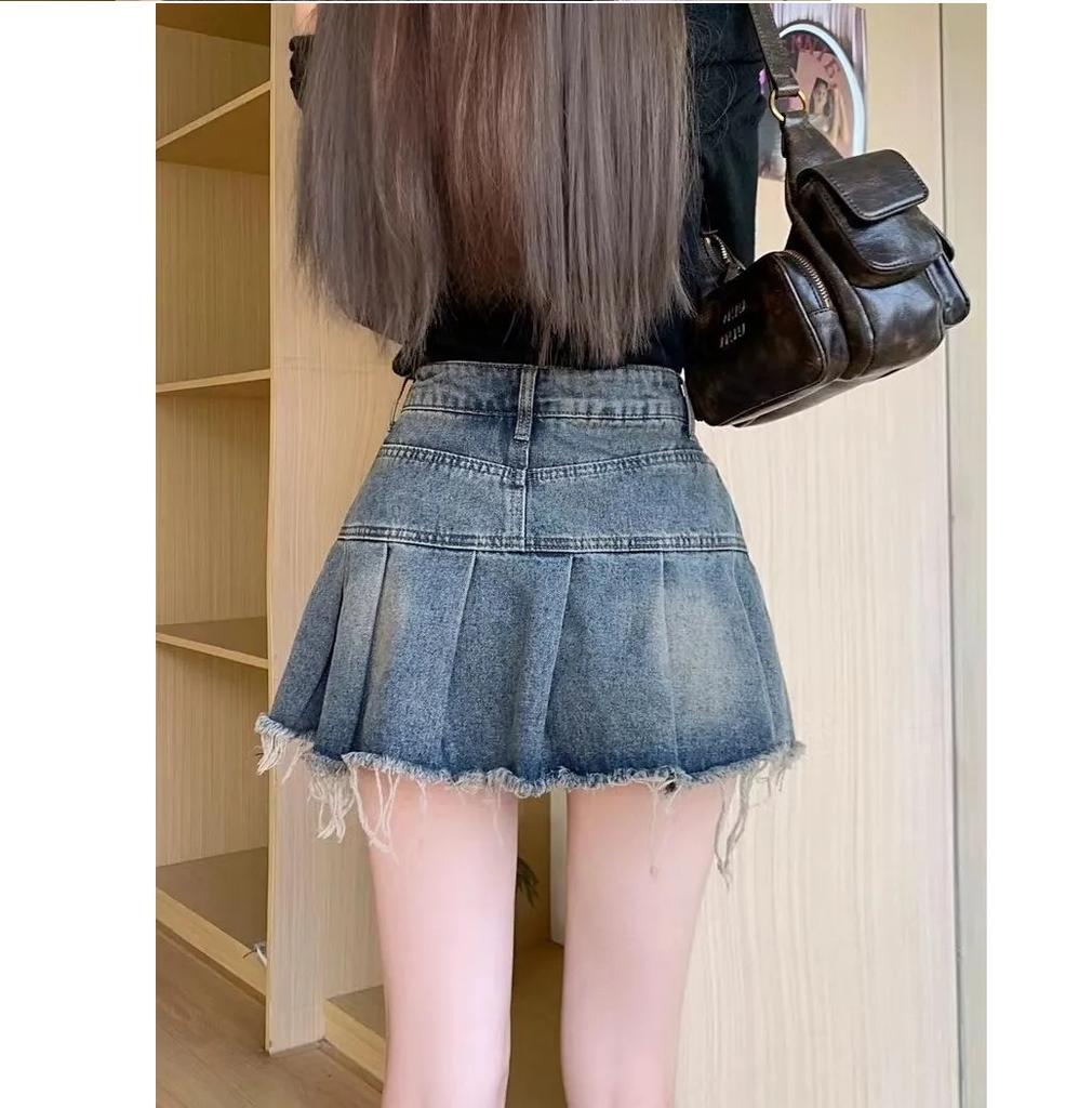 Spicy Girl Retro Pleated Denim Skirt for Women In Summer, High Waisted A-line Anti Glare Short Skirt with Hip Coverage