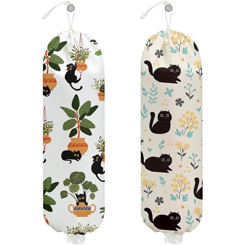 2Pcs Bee Plastic Bag Holder, Wall Mount Grocery Bag Holder for Plastic Bags, Sunflower Reusable Grocery Bags Storage Dispenser for Home Kitchen