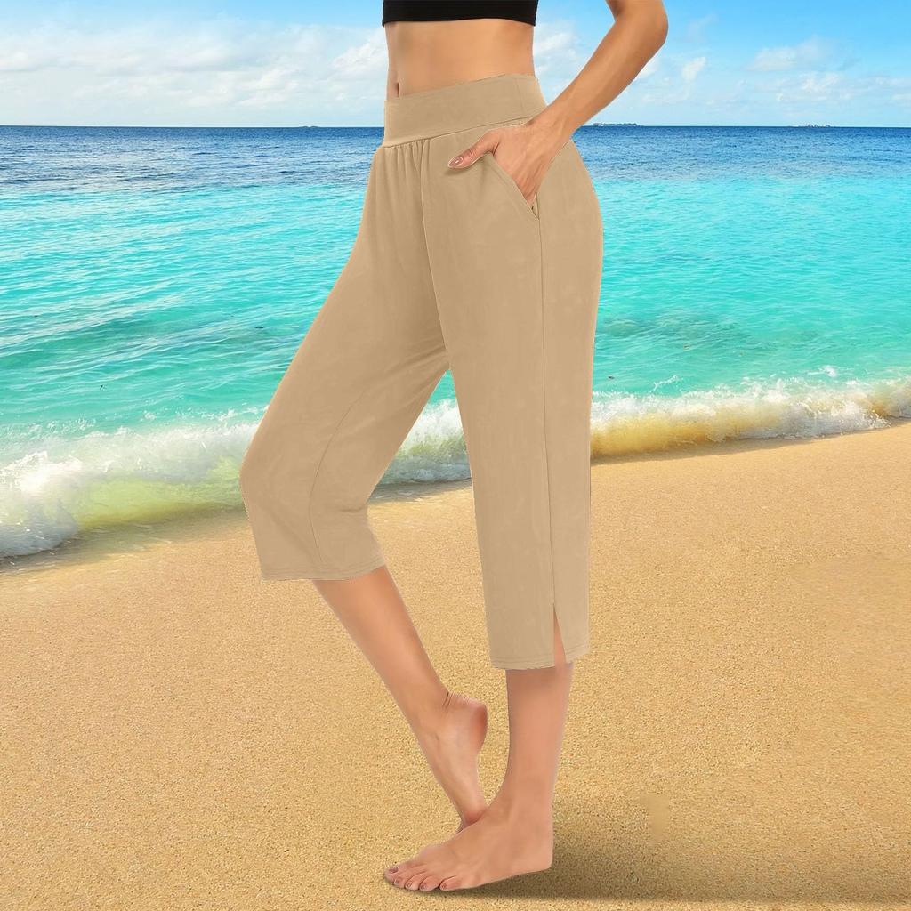 Women  Elastic High Waist 3/4 Pant Casual Active  Fit Wide Capris Leg Pants Trousers With Pockets
