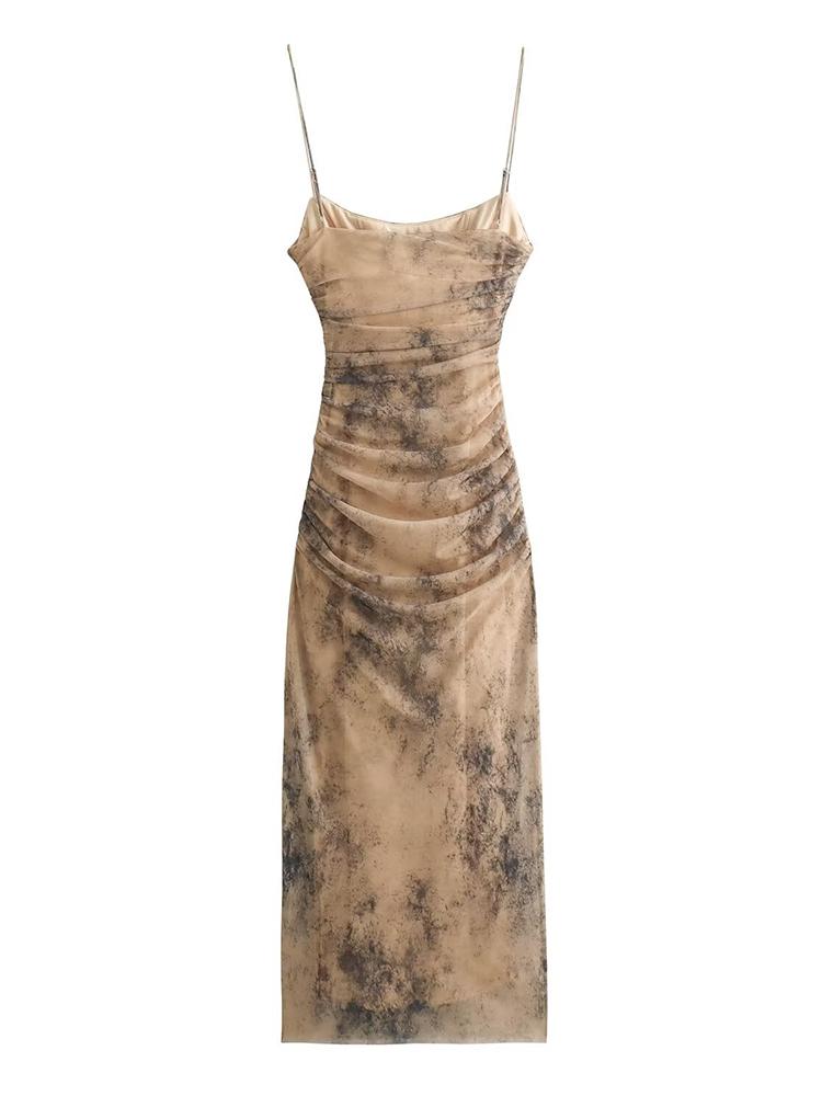 Women's Gradient Printed Tulle Halter Midi Dress Fashion Sexy Backless Spaghetti Strap Dress Summer Party Slim Dresses