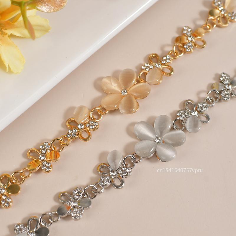 Charming Silvery/Gold Plated Women Pink Cat's Eye Opal Flower Chain Bracelet Gift For Women Girl