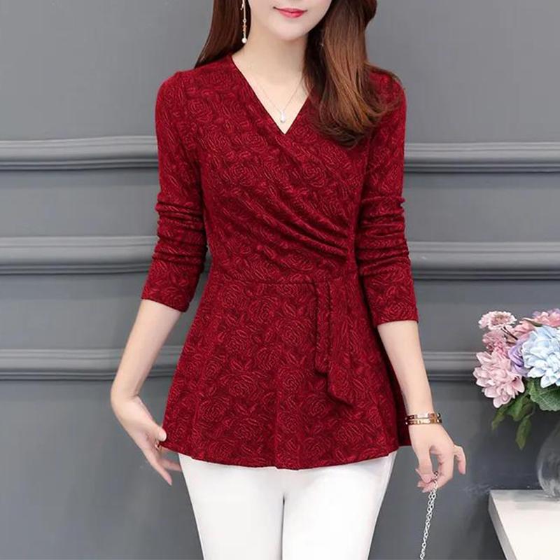 

Повседневный приталенный женский топ больших размеров с длинным рукавом, Blusa с v-образным вырезом, фиолетовые, красные цветы, женская блузка, рубашка 5XL вино красного