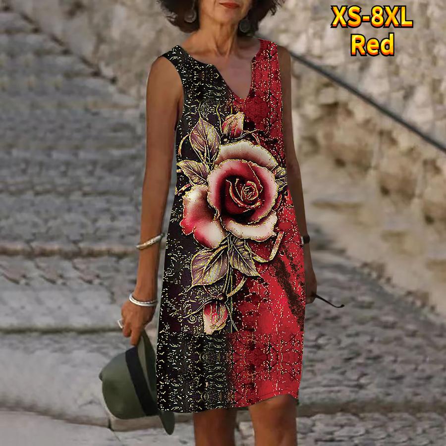 Women V Neck Summer The Sparkling Red Flower Print Dress Casual Sleeveless Fashion Casual Loose Sexy Dresses Plus Size XS-8XL