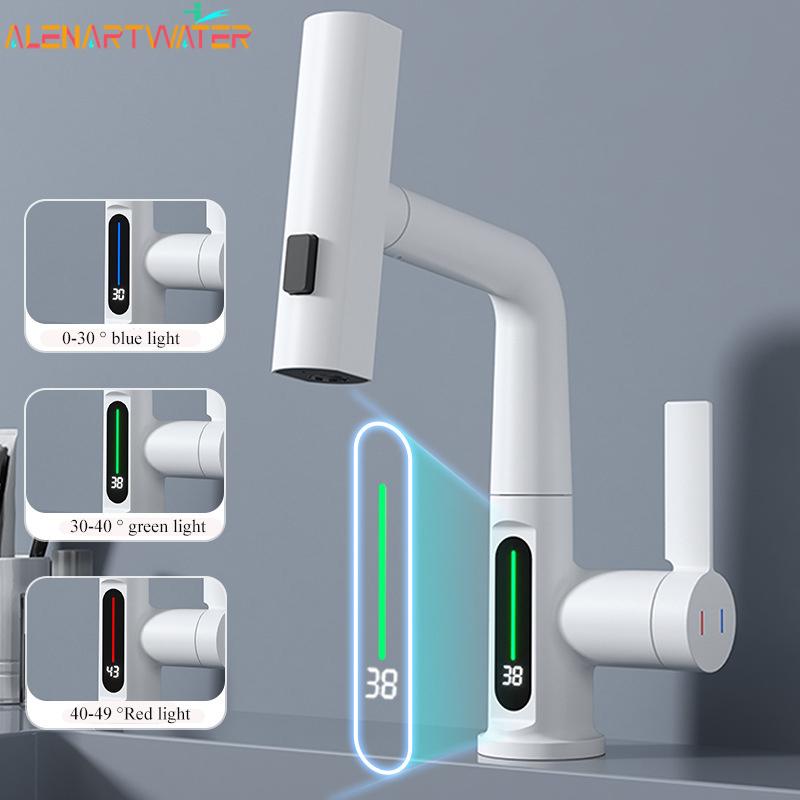 Waterfall Basin Faucet Pull-Out Kitchen & Bathroom Faucet Rainfall Temperature Digital Display No Battery SUS604 Stainless Steel