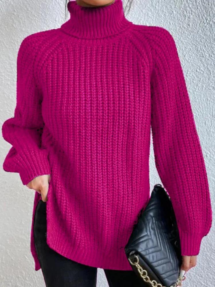 Autumn Winter Knitwear Mid Length Raglan Sleeve High Collar Split Hem Sweater Dress Luxurious Relaxed-fit Slimming and Versatile Top