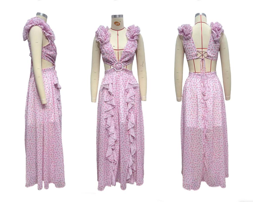 European & American Women's Floral Slimming V-Neck Ruffle Holiday Dress