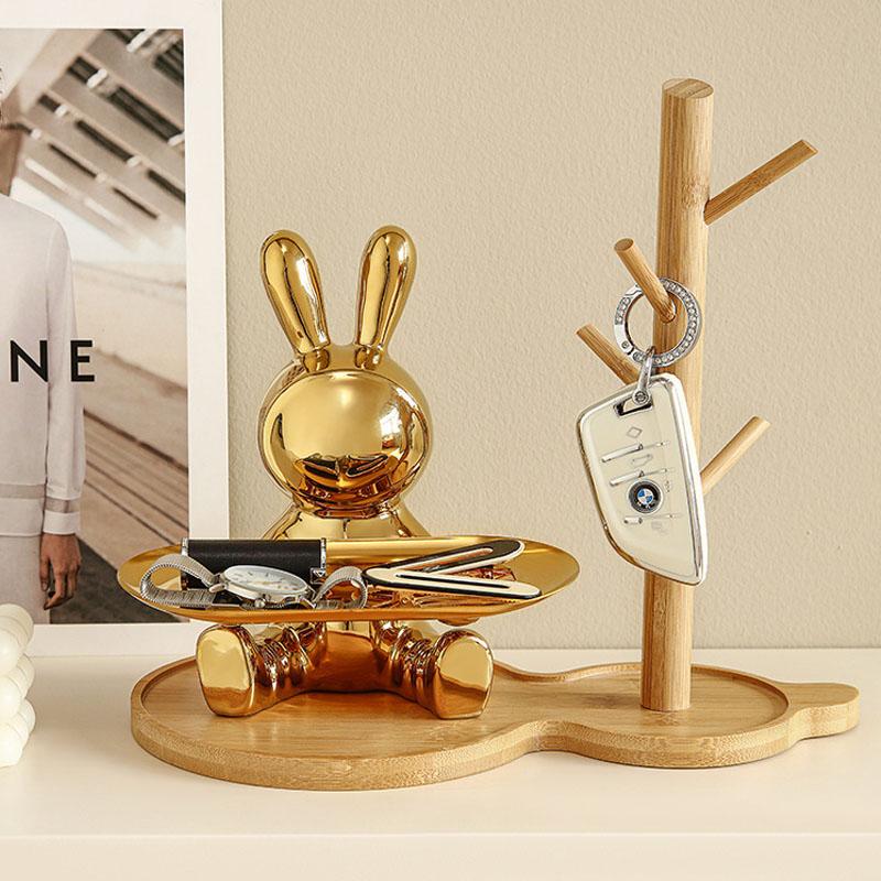 NORTHEUINS Resin Electroplated Astronaut Rabbit Tray Figurines for Interior Home Office Desktop Storage Container Decor Objects