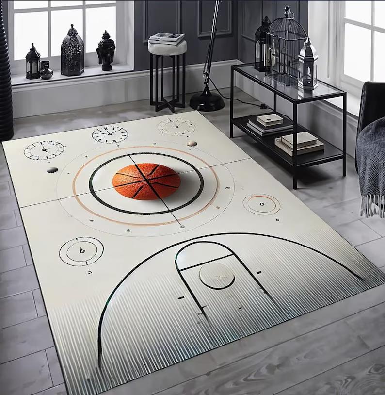 Basketball Court Carpet Mat Rug Home Decoration 3D Optical Illusion Game Court Floor Area Rug Living Room Bedroom Sport Theme