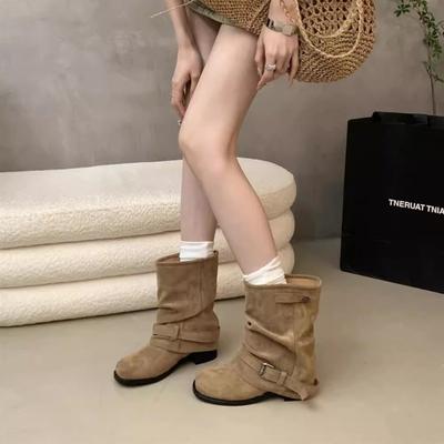 Western runde Spitze dicker Absatz kurze Stiefel Damen Herbst und Winter neue Retro Martin Stiefel kurz flacher Absatz Hosenstiefel