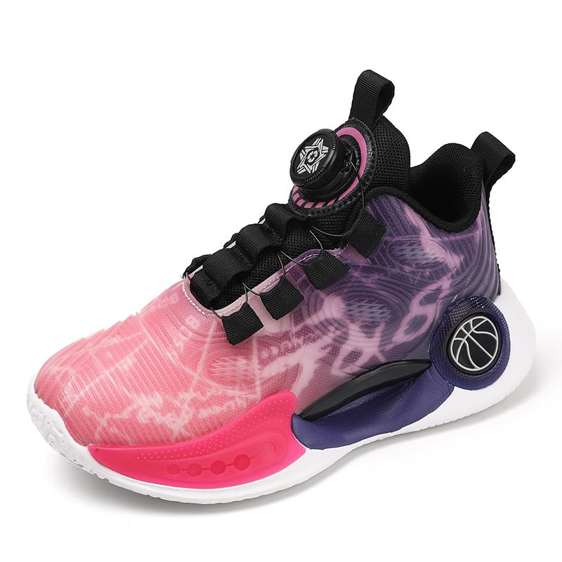 Boys' Shoes Leather Top Waterproof Sports Shoes Students Rotary Buckle Children's Basketball Shoes Combat Shock Absorption