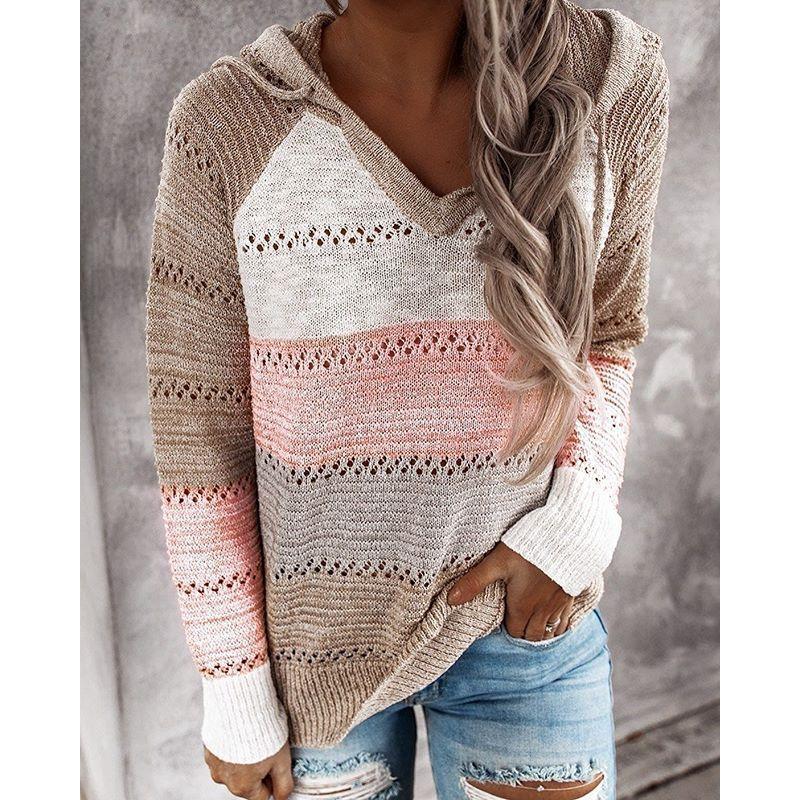 Women's Casual Striped V-Neck Hollow Long Sleeve Hooded Sweater
