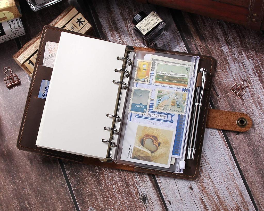 CEETOL Genuine Leather Planner, Handcrafted by Artisans, A6 Size, 6-Hole, with Pen Holder, Genuine Leather Business Notebook, Schedule Book