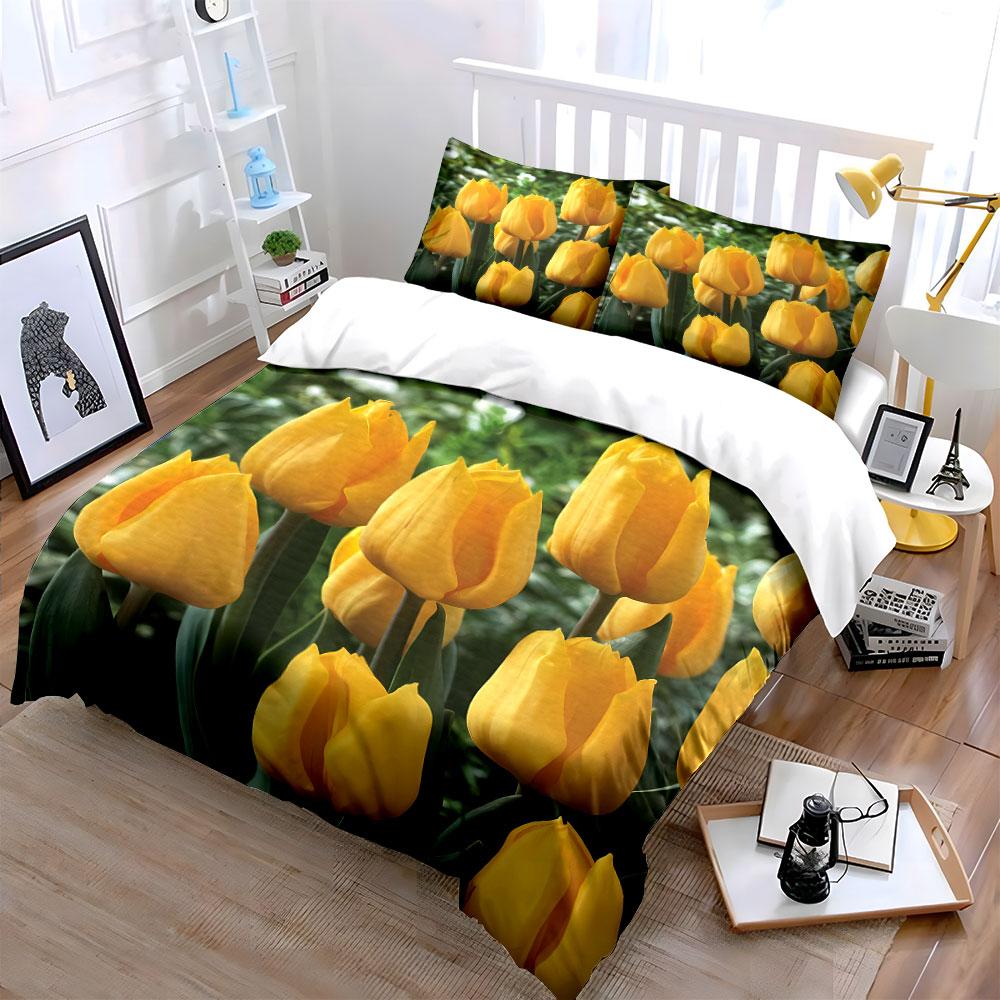 Yellow Tulips with Greenery. Bedding Sets Duvet Cover Sets Duvet Covers Pillowcases(1*Duvet Cover 2*Pillowcases Without Duvet Insert)