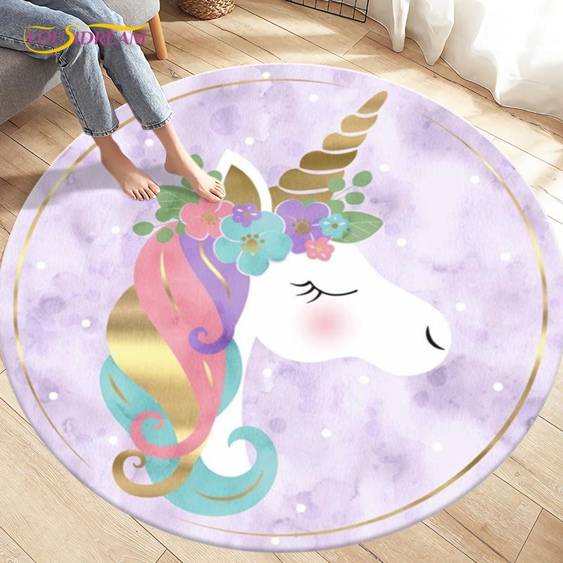Children's Cartoon Cute Unicorn Animals Area Rug Round Carpets Rugs for Living Room,Kids Play Crawling Soft Non-slip Floor Mats
