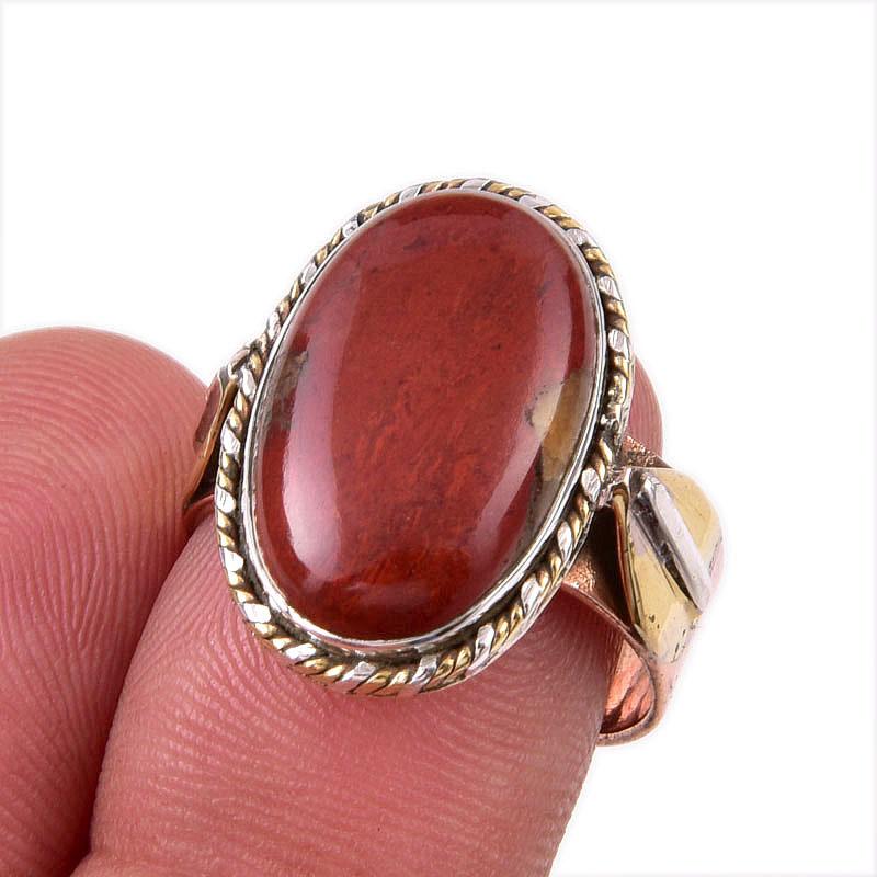 

Natural Red Jasper Gemstone 925 Solid Sterling Silver Two Tone Ring S.7.5 W9C52