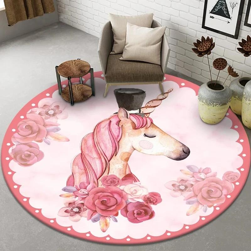 Cute Cartoon Unicorn Round Carpet Non-slip Rug for Office Living Room Bedroom Decor Soft Play Floor Mat Bathroom Kitchen Doormat