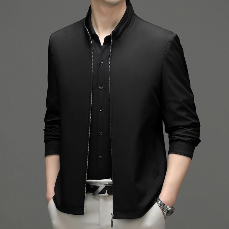 Spring New Solid Color Zipper Jacket Men's Trend Casual Stand-up Neck Jacket Middle-aged Formal Coat